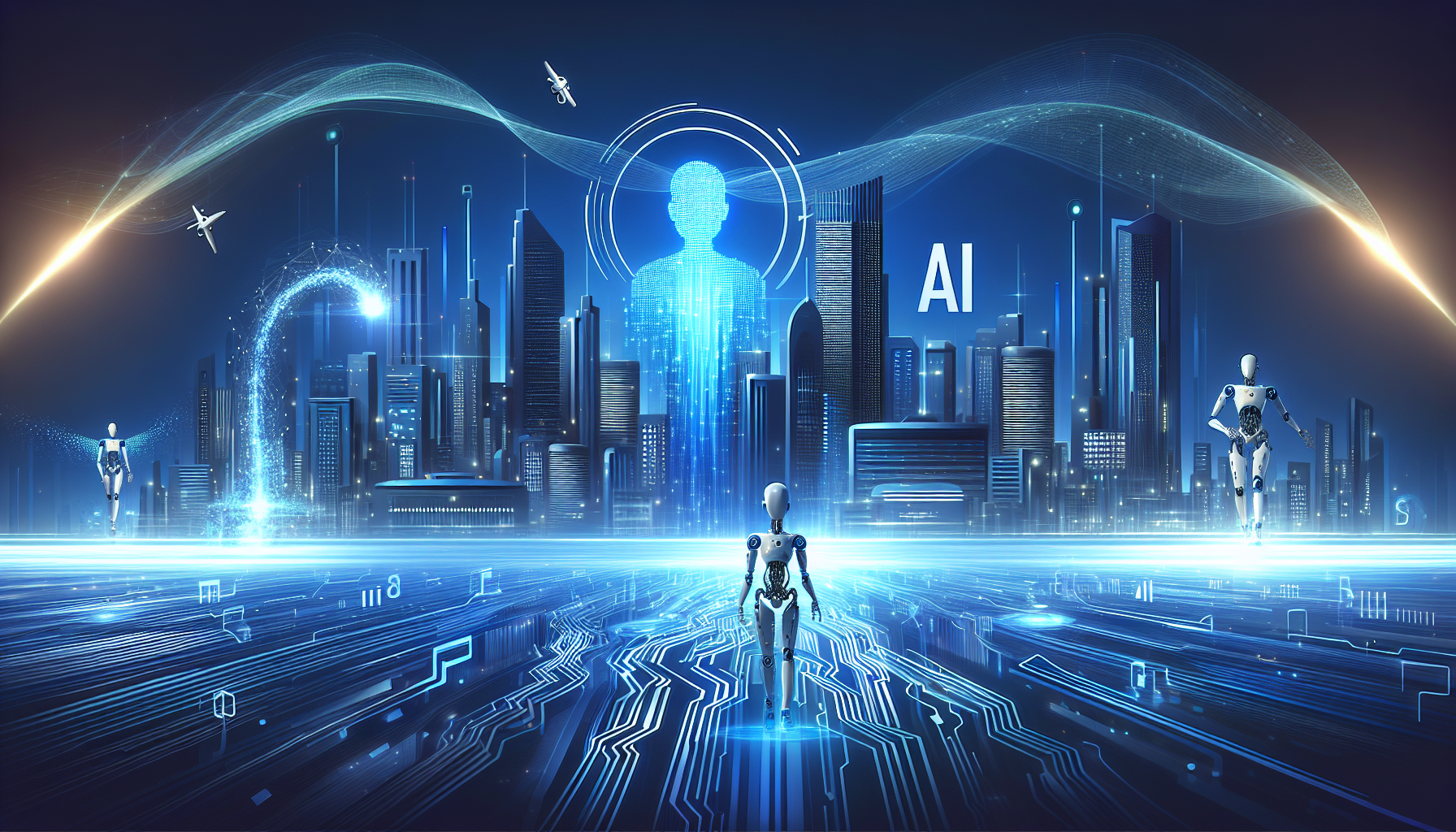 Illustration d'une ville futuriste avec des éléments d'IA