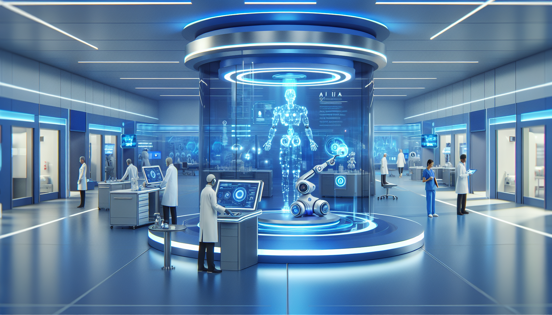 Illustration d'un hôpital futuriste utilisant l'IA
