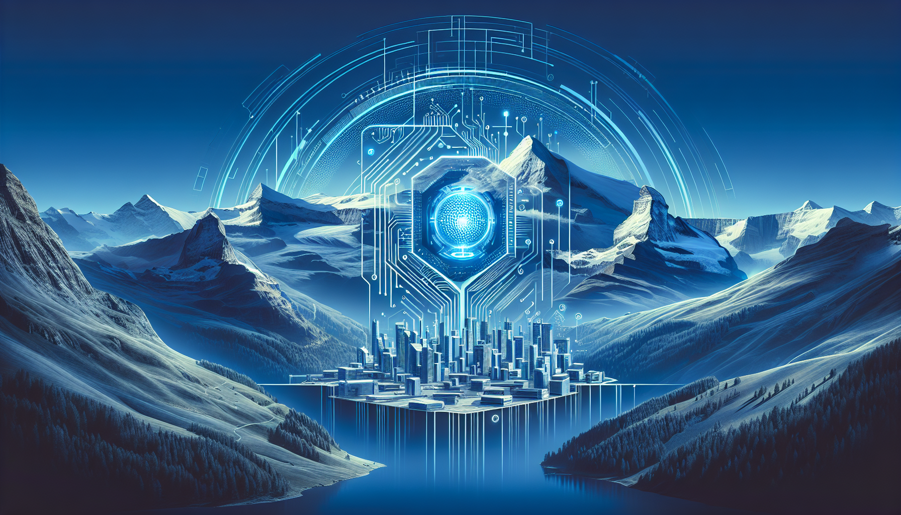 Un paysage suisse futuriste avec des éléments de technologie IA