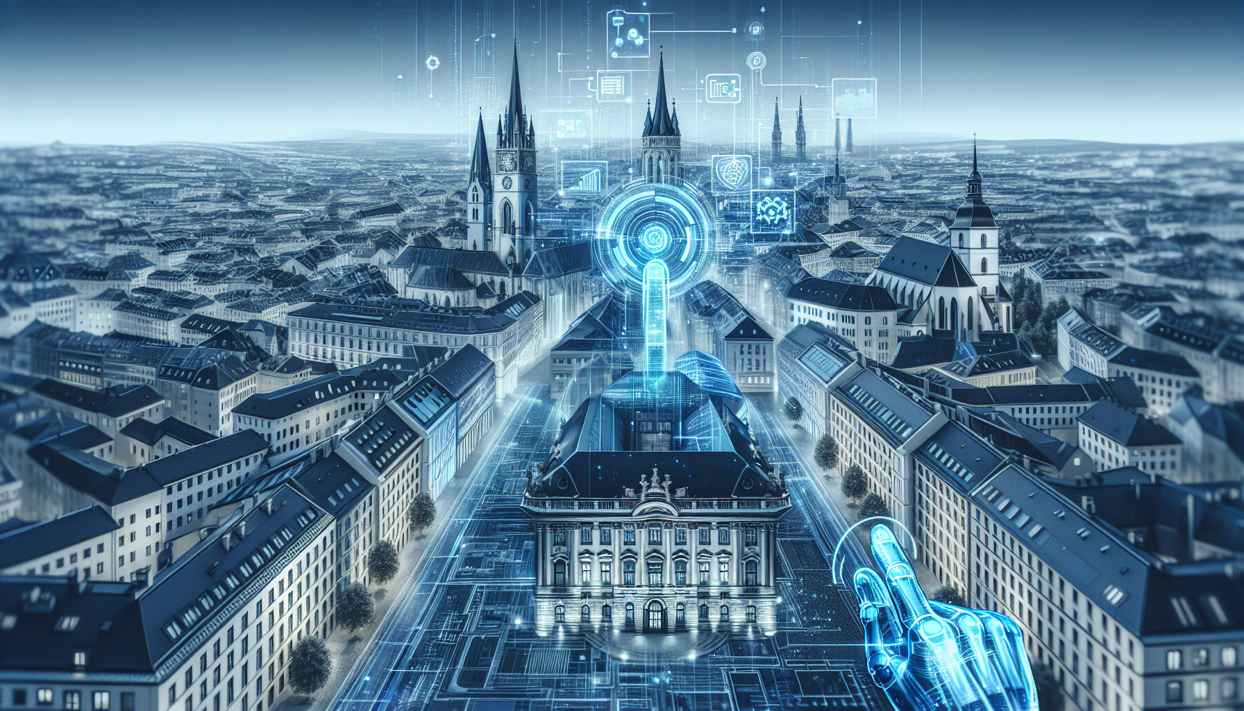 Illustration d'une ville européenne futuriste intégrant des éléments d'IA