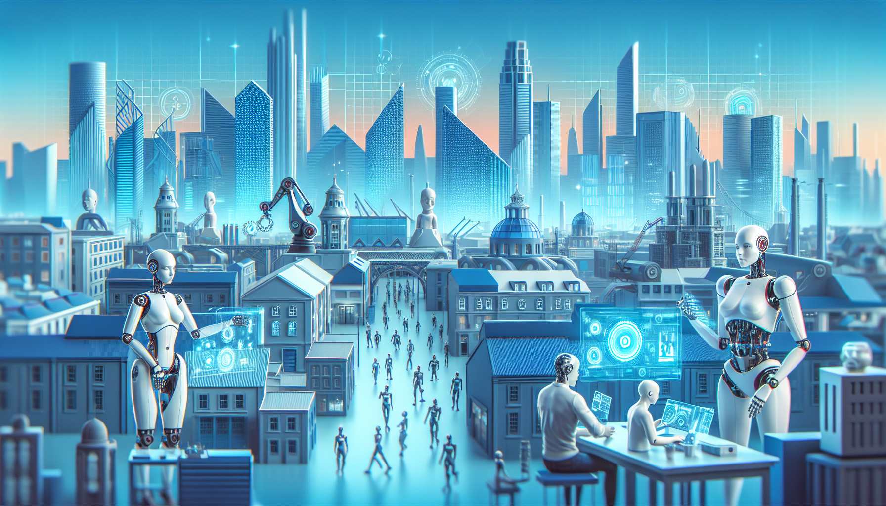 Une ville européenne futuriste avec des robots humanoïdes et des technologies IA.