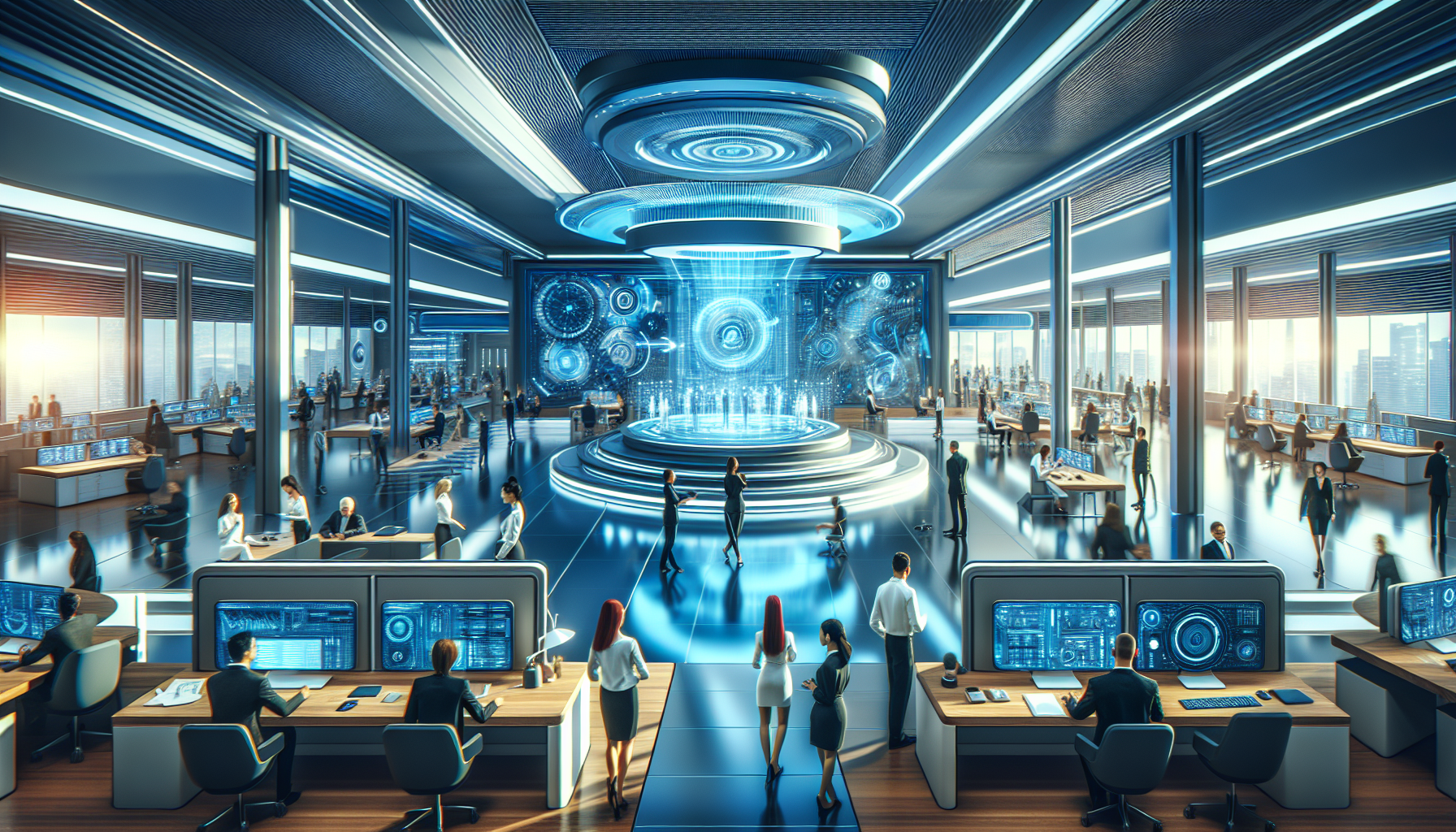 Bureau futuriste avec technologie IA et collaboration en Suisse