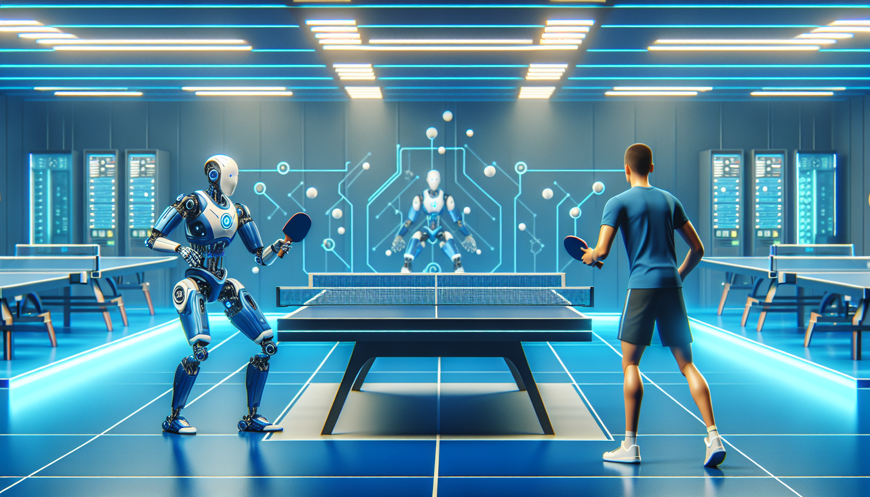 Un robot futuriste jouant au ping-pong avec un humain