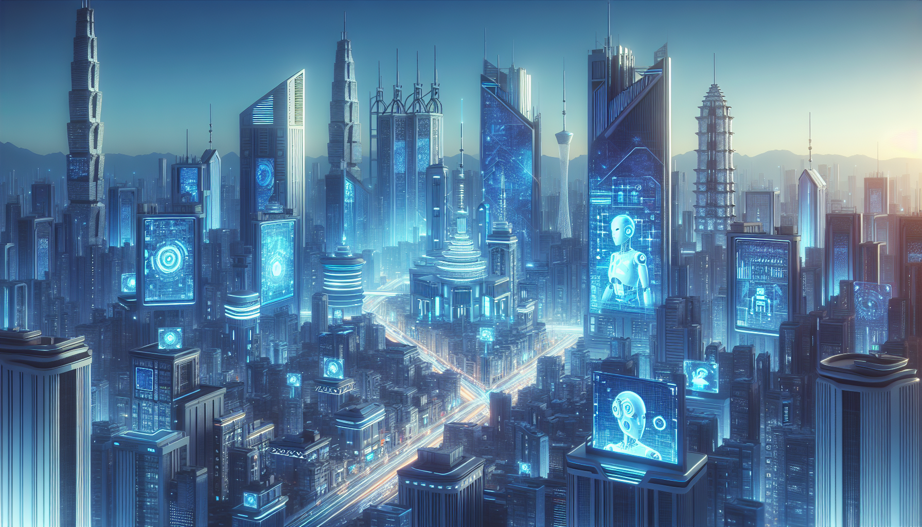 Illustration d'une ville asiatique futuriste avec des éléments d'IA